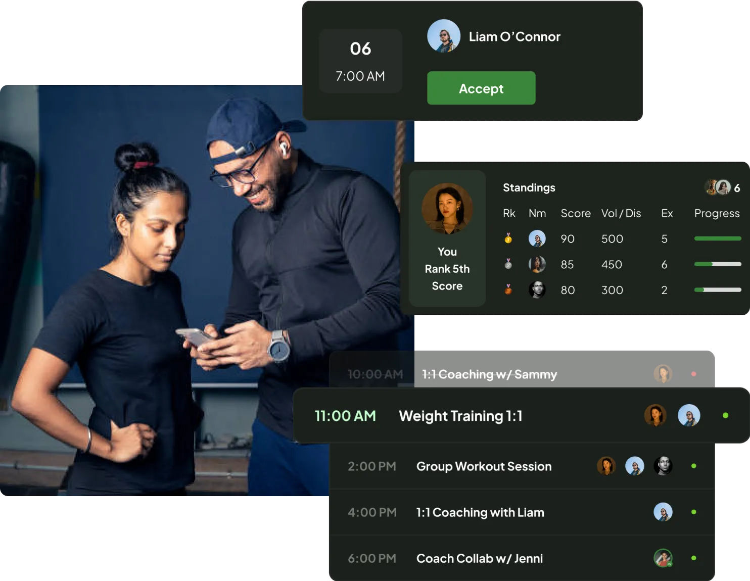 FitStack coaching interface showing client management and progress tracking