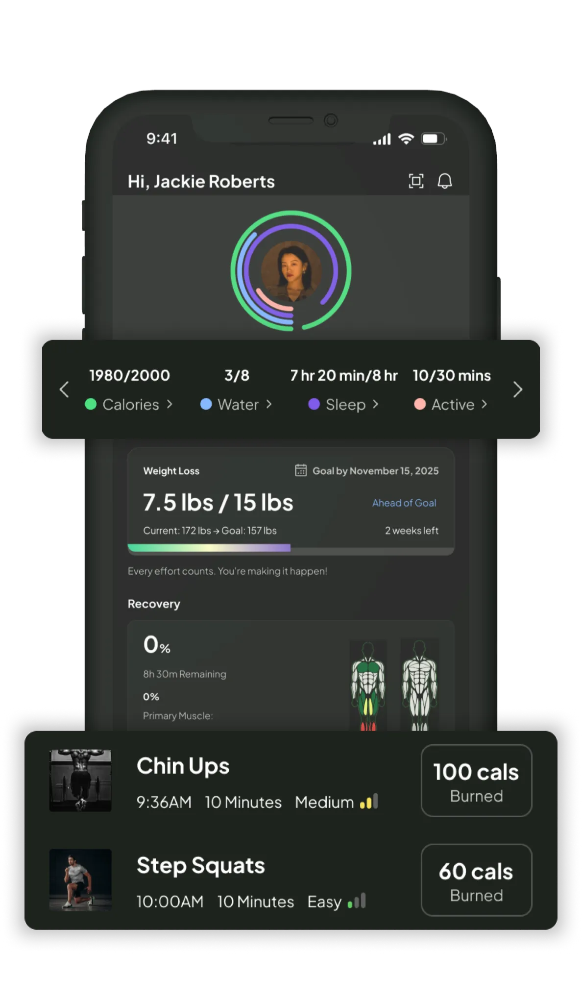 FitStack mobile app interface showing workout tracking, nutrition monitoring, and progress analytics features