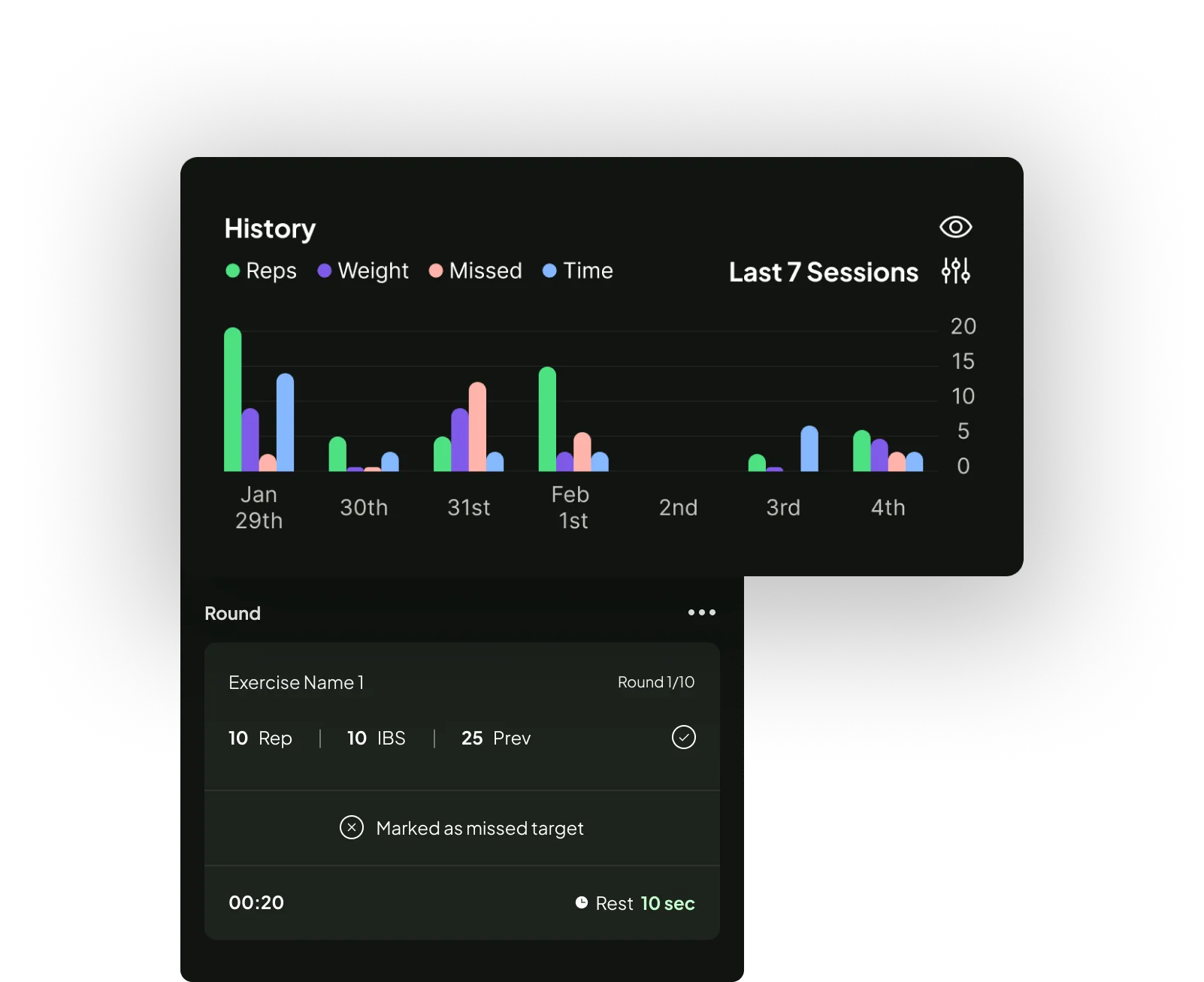 FitStack progress tracking interface with charts and workout history